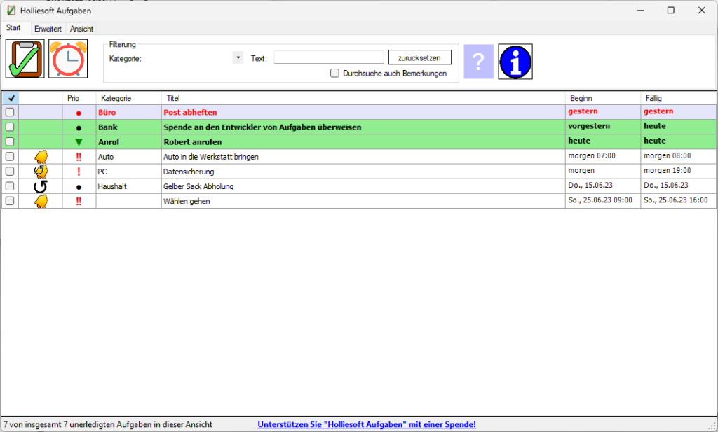 Hauptfenster von Aufgaben